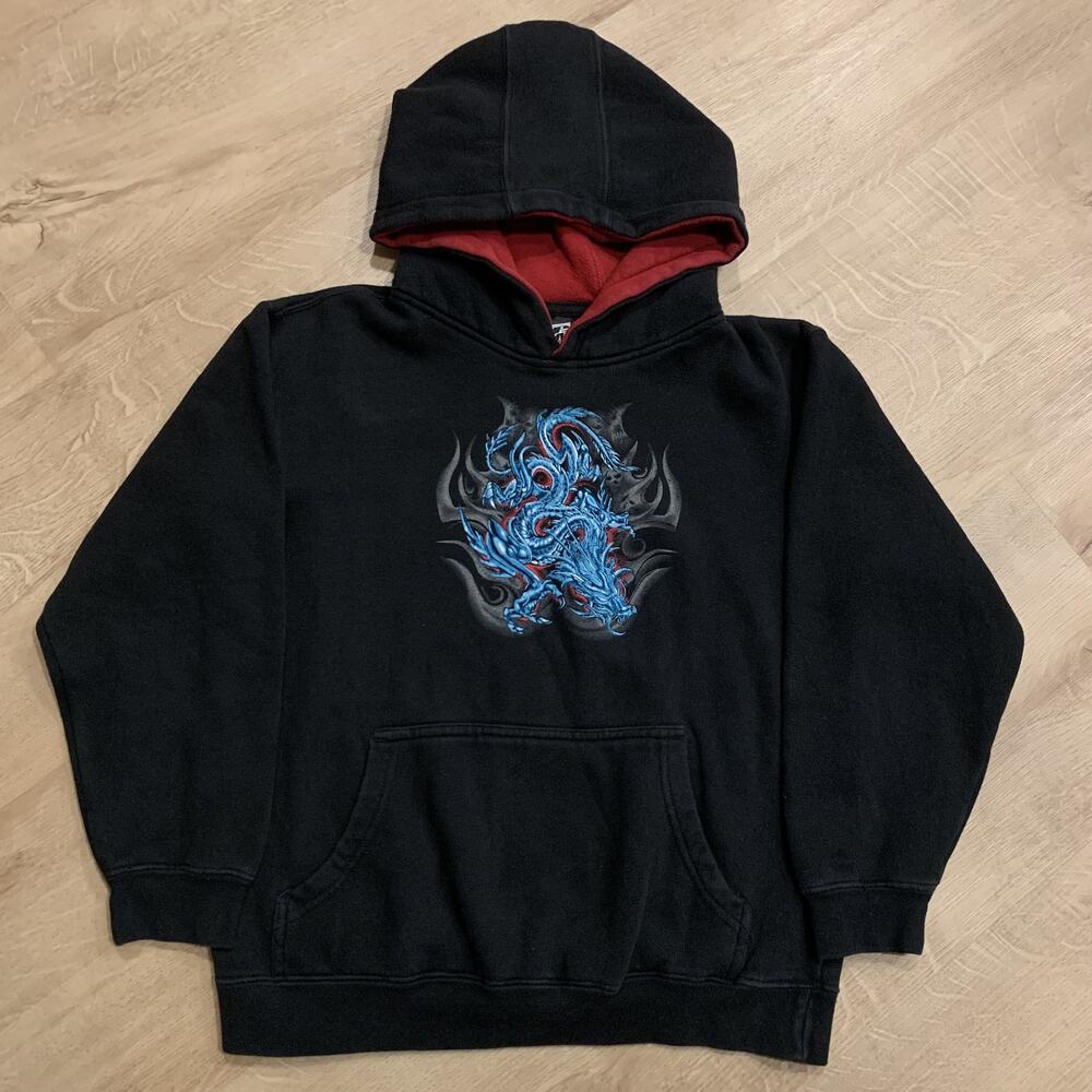Vintage Y2K Top Heavy Goth Grunge Dragon Hoodie Youth Boys Small Cyber Black Red